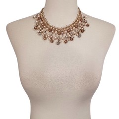 Y2K Bib Fringe Necklace Egyptian Revival Faux Pearl Gold Tone Victorian Vintage