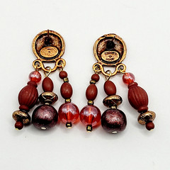 Burgundy Cranberry Copper Colored Multi Shape & Strand Bead Pierced Vtg Earrings