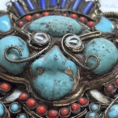 Vintage Nepal Tibet Carved Foo Dog Pendant Necklace Coral Lapis Turquoise Tone