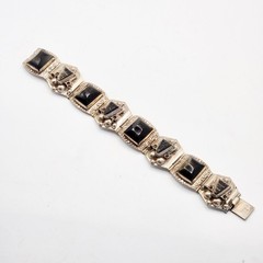 Vintage Mexican Alpaca Silver Obsidian Mask Panel Link Bracelet Hecho En Mexico