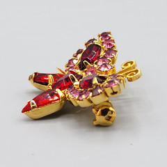 Vintage Petite Butterfly Red Pink Rhinestone Gold Tone Figural Pin Brooch