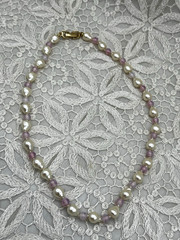 Vintage Freshwater Pearl Necklace Lavender Glass Beads with Gold Tone Clasp