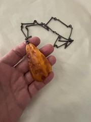 Vintage Large Egg Yolk Baltic Amber Pendant Necklace Sterling Silver Chain
