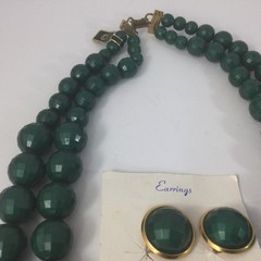Vintage Double Layered Plastic Round Faceted Green Beaded Necklace Earrings