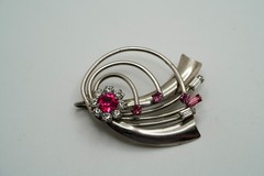 Vintage Silver Pink Rhinestone Flower Brooch / Pendant 4cm JB39