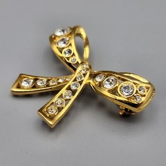 Vtg Ribbon Bow Bezel Brooch Clear Round Rhinestones Graduated Gold Tone Pin NICE