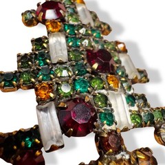 Vintage Weiss Rhinestone Christmas Tree Brooch Green Red Candle Holiday Pin