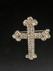 VTG Cross Rhinestone Lapel Pin Brooch Silver Tone Clear White Colorless 1.25”x2”