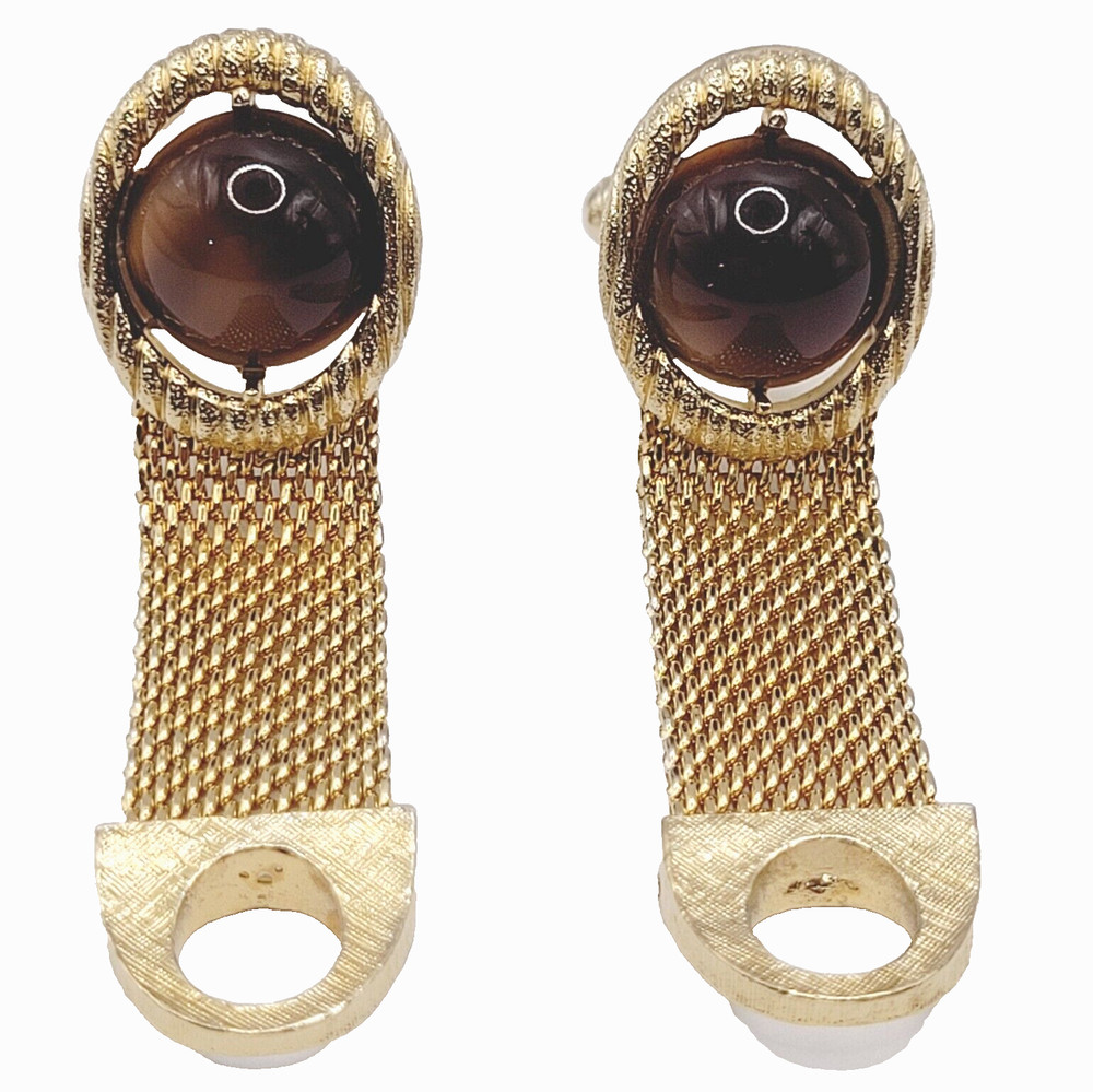 Swank Brown Lucite Tigers Eye Cabochon Center Gold Mesh Wrap Fancy Cufflinks