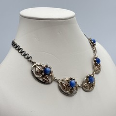 COROCRAFT Sterling Silver Blue Moonstone Rhinestone Flower Chocker Necklace 15.5