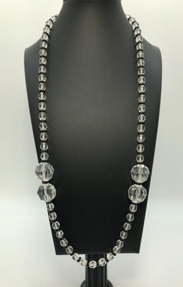Vintage Art Deco Style Glass & Acrylic Bead Necklace Black Spacers Black & White