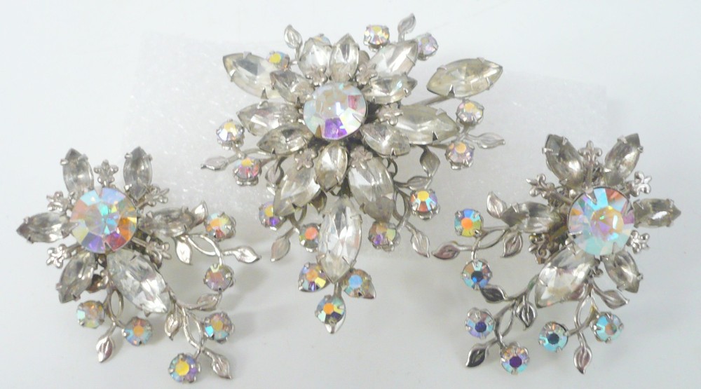 Estate Vintage Judy Lee Brooch, Matching Clip-On Earrings, AB Rhinestones