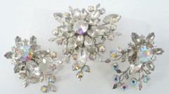 Estate Vintage Judy Lee Brooch, Matching Clip-On Earrings, AB Rhinestones