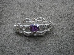 Purple Stone & Marcasite Vintage Silvertone Brooch Pendant 4.1g ~ FLAW