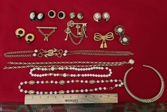 Lot Of Gold Tone 1990’s, 2000’s Necklaces, Earrings, Pins, 14 Pieces, One Monet