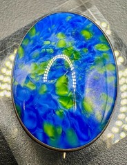 Vintage Sterling Silver Blue Green Marbled Art Glass Brooch Pendant 9.3g