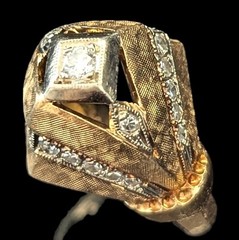 Vintage 1940s Retro Diamond Dome Heavy Ring 14k Two-Tone Gold Cocktail