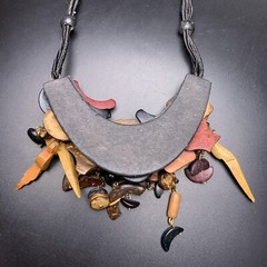 Wooden Parrot Bib Statement Necklace Beaded Cluster Coconut Shell Boho Vintage
