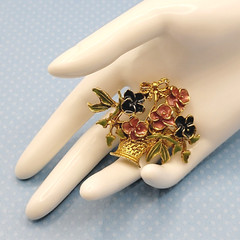 CLASSIC Pansy Flower Basket Gold Tone Pink Blue Green Enamel Vintage Brooch Pin
