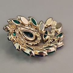 Vintage Rhinestone Brooch Blue Green AB Swirl Gold Tone 2.25″