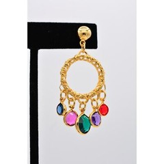 Vintage Crystal Dangle Earrings Lucite Open Bezel Multi-Color Gold NOS BinA16