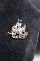 Vtg Brooch Pin Silver 800 Filigree Galleon Masted Ship Brooch Exquisite Detail