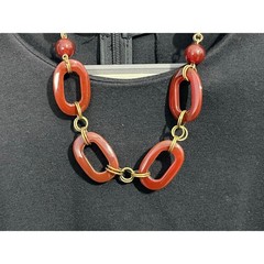VTG Carnelian Bead Chain Statement Necklace Brass Tone Chain 925 Clasp
