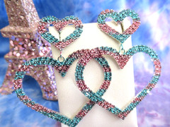 Big Rhinestone PINK & BLUE Hollow Hearts Earrings Pierced Valentine Hearts NWT
