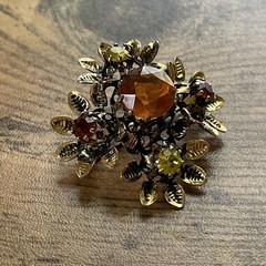 Vintage Austrian Rhinestone Brooch Autumn Orange Yellow Gold Tone Floral Pin