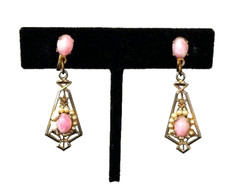 VTG Antique DECO PINK Cat’s Eye Glass Cabochon Filigree Drop Screw Back Earrings