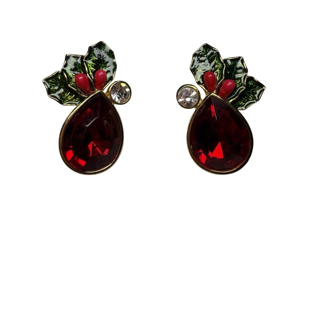 Avon Christmas Holiday Stud Earrings Holly Berry Red Tear Drop Rhinestone
