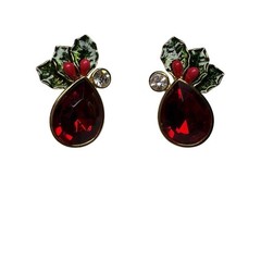 Avon Christmas Holiday Stud Earrings Holly Berry Red Tear Drop Rhinestone