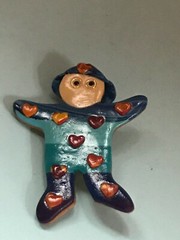 Handmade Blue Polymer Clay Boy w Hearts all Over & Round Wire Rim Glasses Pin