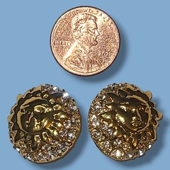 Vintage Gold Sun Face Rhinestone Clip On Earrings Celestial Statement Jewelry