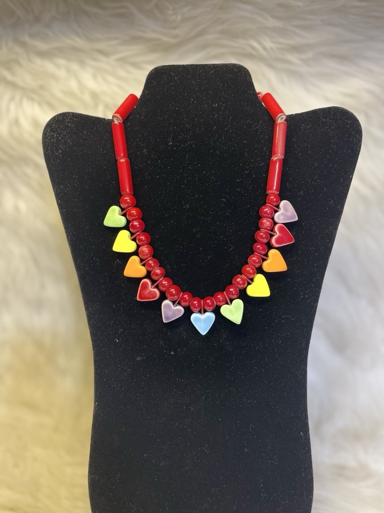 Vintage Flying Colors Ceramic Rainbow Heart Necklace 16” Pride Red Beads