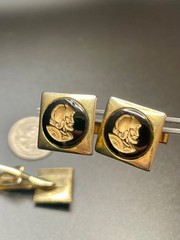 Vintage Male Profile Warrior Beard Cufflinks and Tie Clip MCM Gold and Black