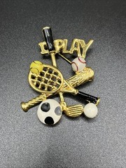 Gold-Tone Enamel Sports Brooch Pin ‘I Play’ Baseball, Tennis, Golf, Soccer Vtg.