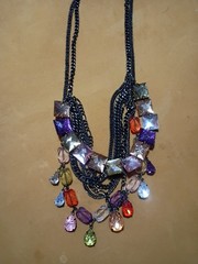 Necklace w/Plastic & Glass Beads Multi Color & Layered Gunmetal