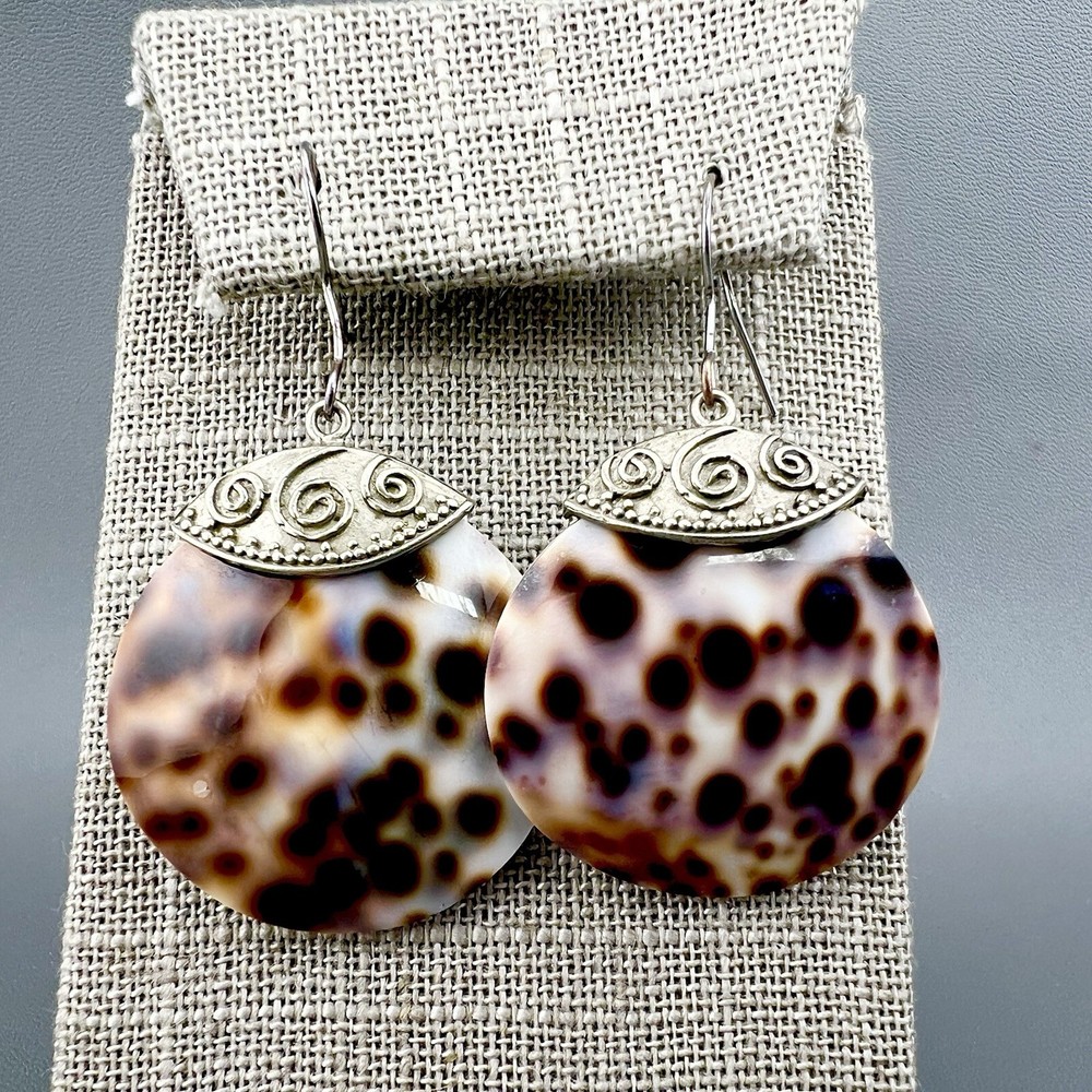 Vintage Shell Earrings Cowrie Drop Dangle Boho Spotted Leopard