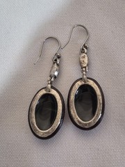 Silver Tone Dark Blue Grey Agate Dangle Earrings Pierced Hooks Vintage