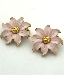 Vintage pink enamel flower earrings gold-tone clip on Garden Party Coquette