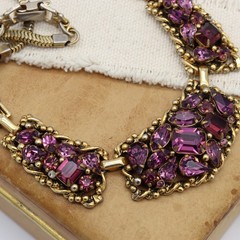Vtg Barclay Purple Amethyst Rhinestone Gold Tone Necklace Choker Mesh Bib Signed