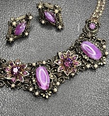 Vintage SELRO SELINI Gold Tone Purple Necklace & Earrings Book Piece Set