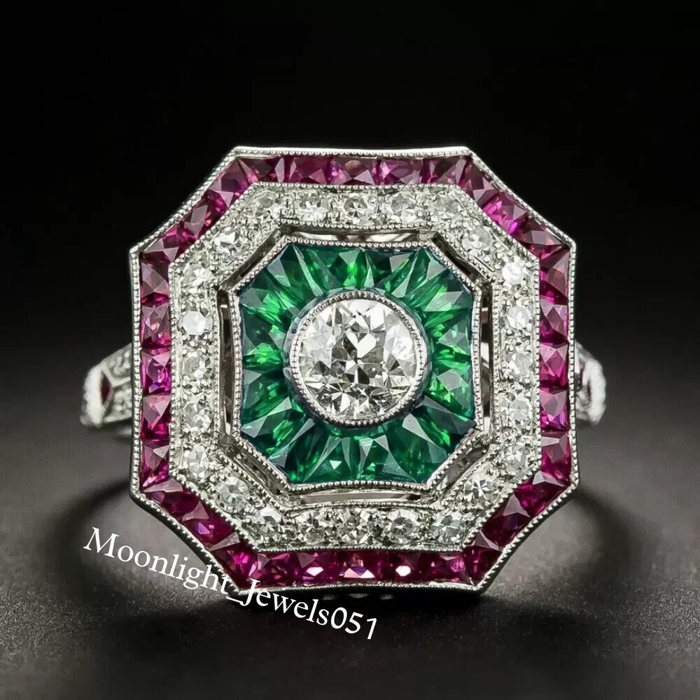 Art Deco RoundCut Lab Created Diamond, Emerald & Ruby 14K White Gold Filled Ring
