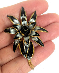 Vintage Gold Tone Black Silver Enamel Brooch Pin Floral Made In Austria 2.3/8in