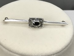 Sterling Silver Marcasite Black Onyx Bar Brooch 4.47grams