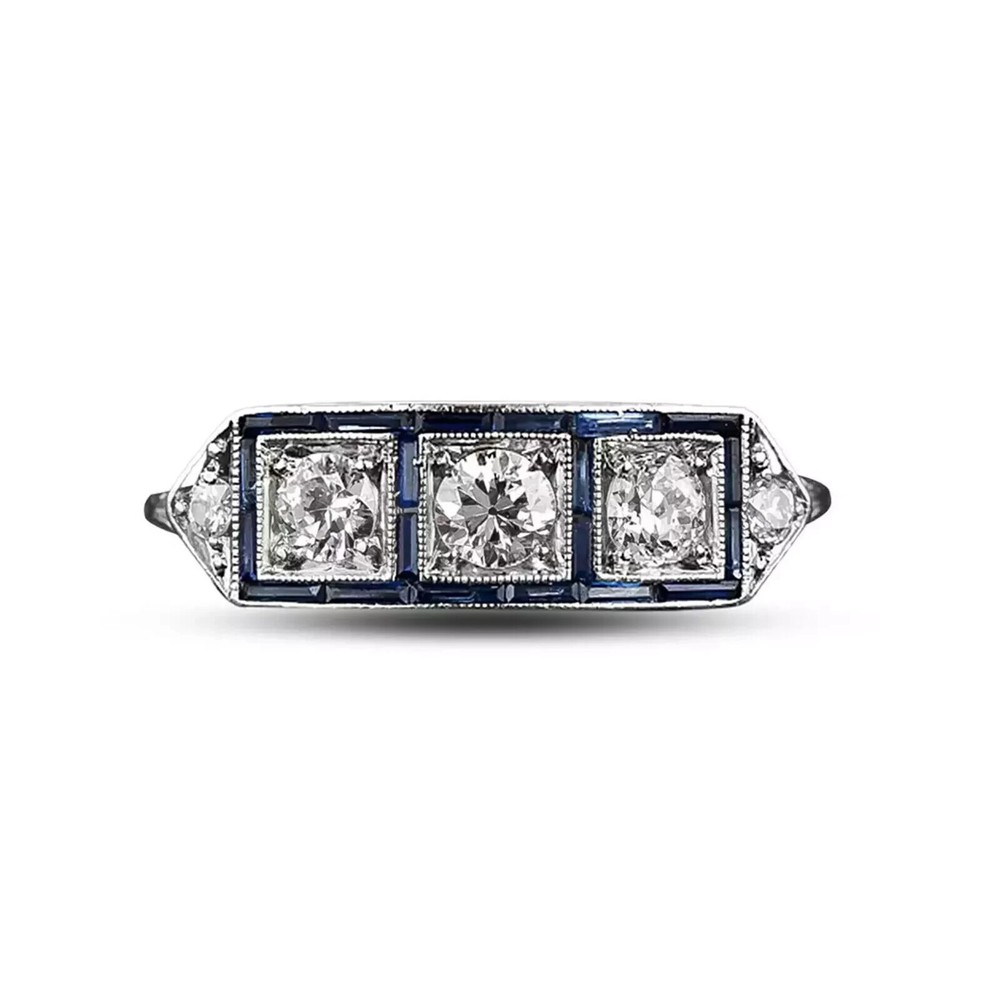 Art Deco Lab Created Diamond Sapphire Three-Stone 14K White Gold FN Wedding Ring