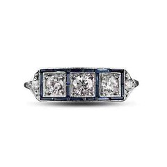 Art Deco Lab Created Diamond Sapphire Three-Stone 14K White Gold FN Wedding Ring