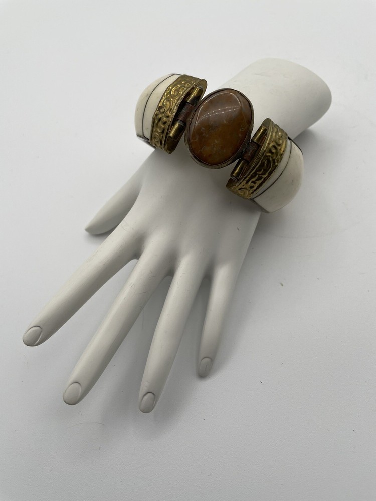 Vintage Clamper Tribal Bangle Horn Bone Brass Agate Gemstone Hinged Bracelet