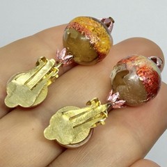 Vtg Hong Kong Lucite Foil Yellow Red Bead Dangle Earrings Clip-on